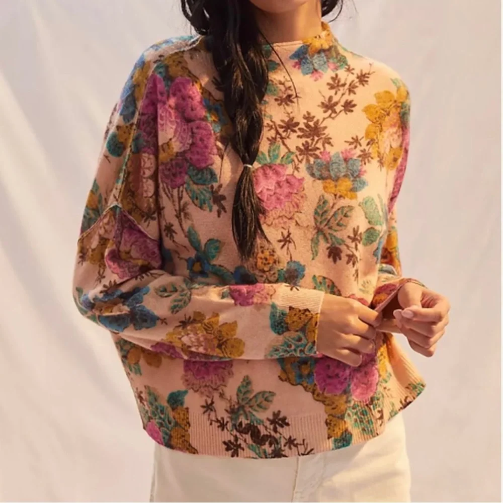 SOLD-Anthropologie Cashmere Floral Print Mock Neck Long Sleeve Sweater Pilcro - Picture 10 of 14